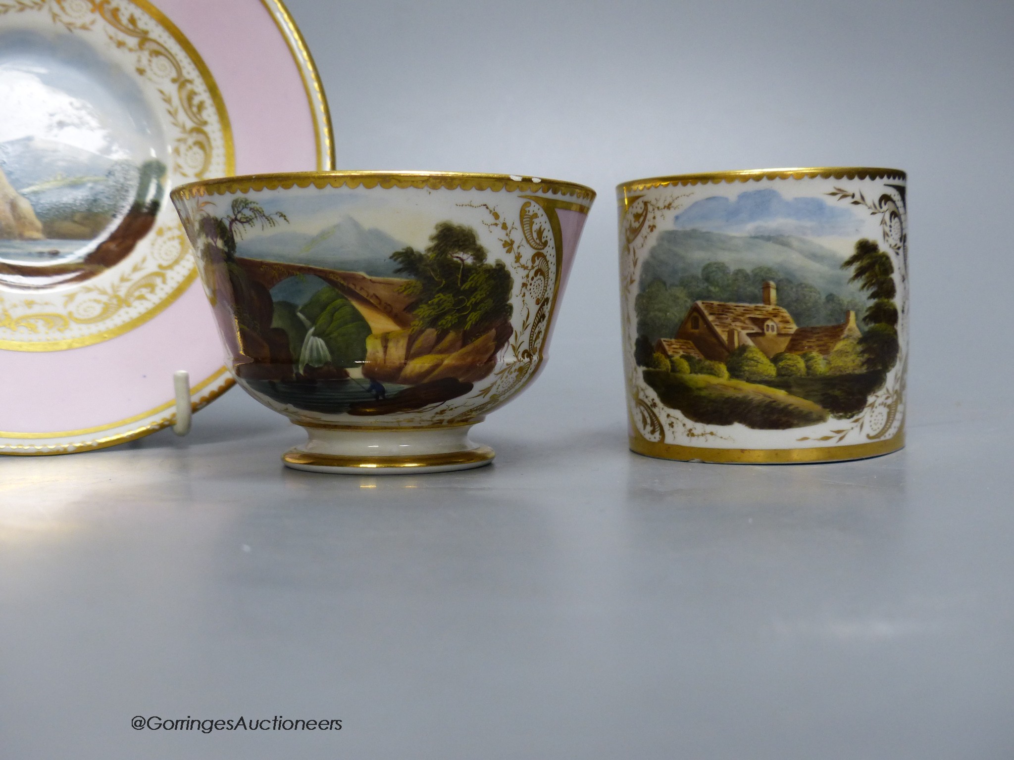 A finest quality Barr Flight and Barr coffee can, teacup and saucer painted with named scenes surrounded by a pink ground, saucer 15cm diameter